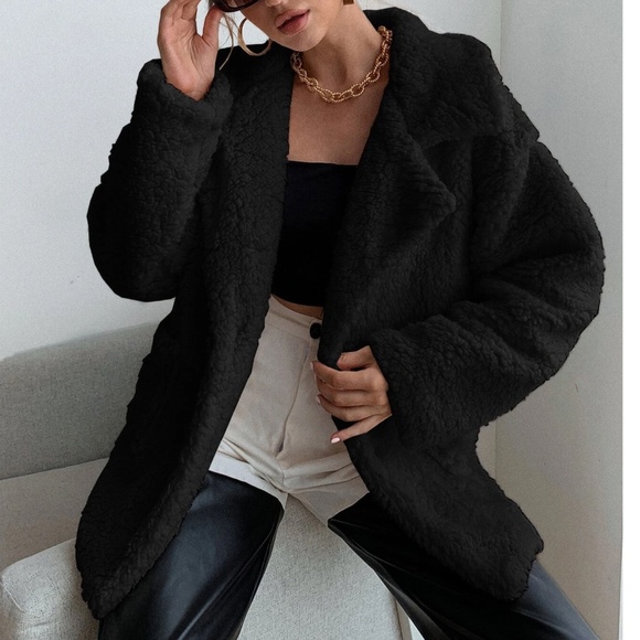 Luxe Solid Teddy Button Pockets Loose Fit Jacket Coat - Picture 10 of 12